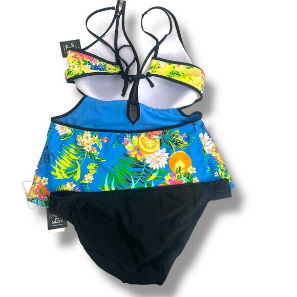 NEW Bar III Blue Floral Tankini Swimsuit Set Size XL Cut Out Monokini Tropical - Picture 3 of 11